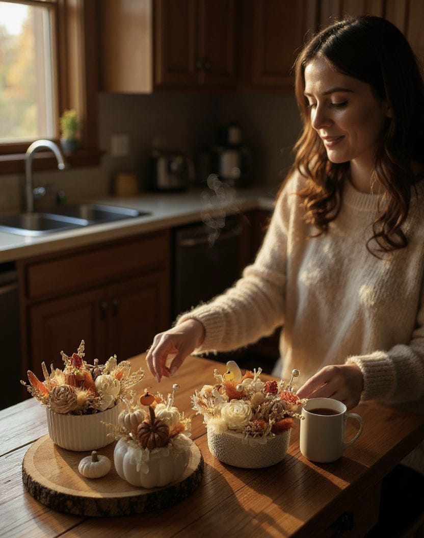 Arranjo Outonal com velas e flores preservadas
