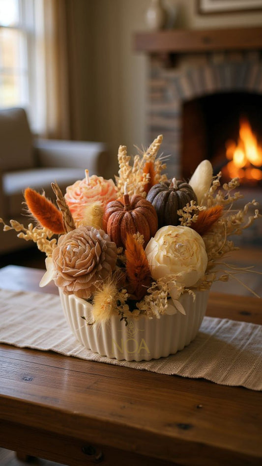 Arranjo Outonal com velas e flores preservadas
