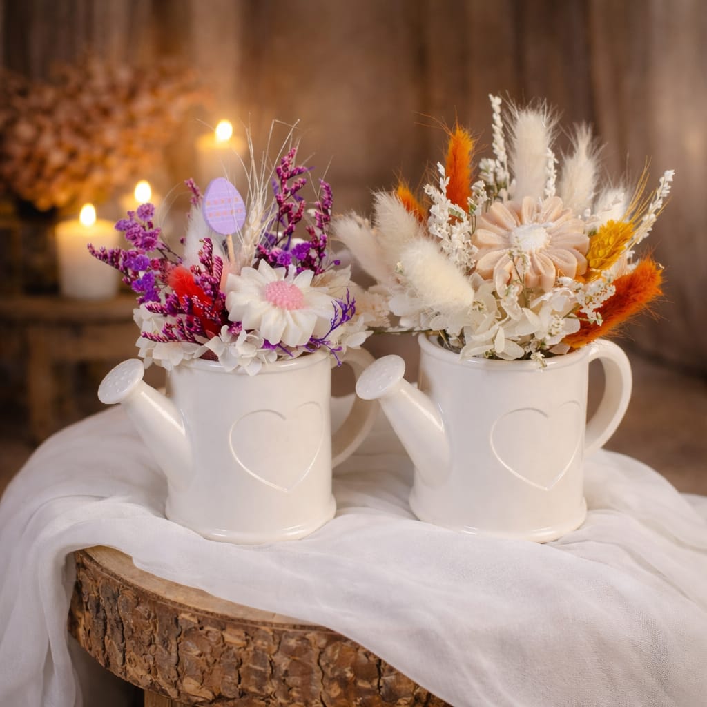 Regador Decorativo com Flores Preservadas e Vela de Soja